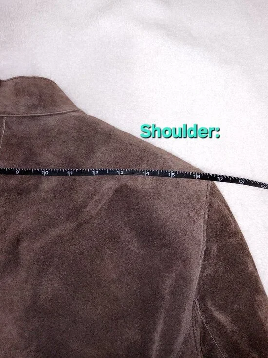 Vintage 90s Anne Klein Suede Leather Jacket Brown Mandarin Collar Button Front M - Picture 11 of 11